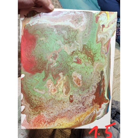 Verdant Bloom Abstract Pour Art 14x11 Canvas Green Red Gold Wall Art - Picture 1 of 3